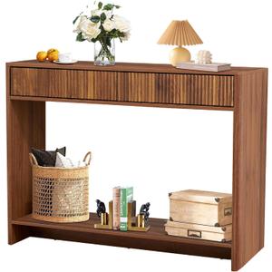 Entryway Table with Storage, Narrow Console Table with Drawers, 43.3' Couch Table Behind Sofa Long and Skinny for Living Room TV, Hallway Entrance Foyer, Mid Century Farmhouse Fluted Console Table (2 Drawers-P, Walnut)