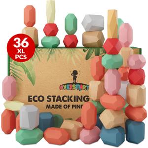 36 Pcs Wooden Stacking Blocks  Montessori Toys for 1 2 3 4 5 6 Year Old Toddlers and Kids, XL Rocks, No Choking Hazard  Sensory STEM Building Stones, for Girls and Boys
