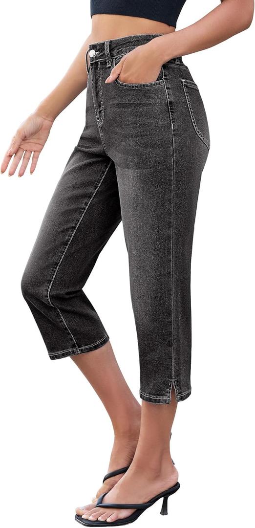 luvamia Capri Jeans for Women Trendy High Waisted Side Slit Casual Relaxed Fit Stretchy Denim Summer Jean Capris Pants (Black, XL)