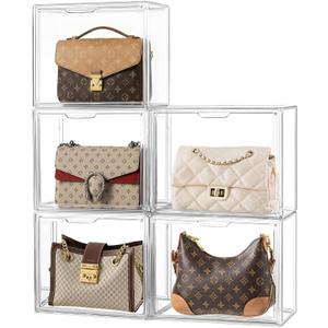 HBlife 5 Pack Purse Storage Organizer for Closet, Medium Clear Stackable Handbag Display Case Box with Magnetic Door for Collectibles, Cosmetics, Women Heels and Toys