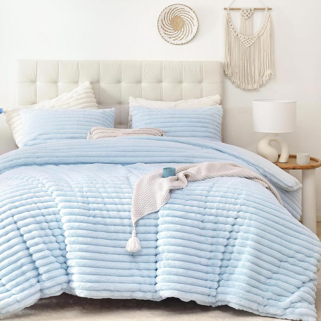 Smoofy Fluffy Twin Comforter Sets 2 Pieces - Light Blue Fleece Fluffy Comforter Set, Luxury Fuzzy Twin Bedding Set, Soft Warm Comforter All Season, Heavy Faux Fur Comforter with Pillow Cases