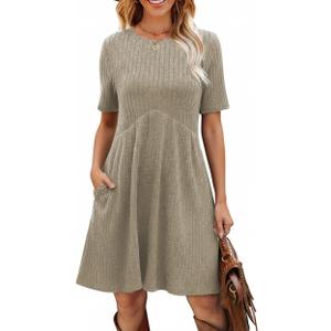 Ulovmi Women's Summer Casual Flowy A-Line Dresses Short Sleeve Ribbed Knit Swing Dress T-Shirt Sundress with Pockets (Beige, S)