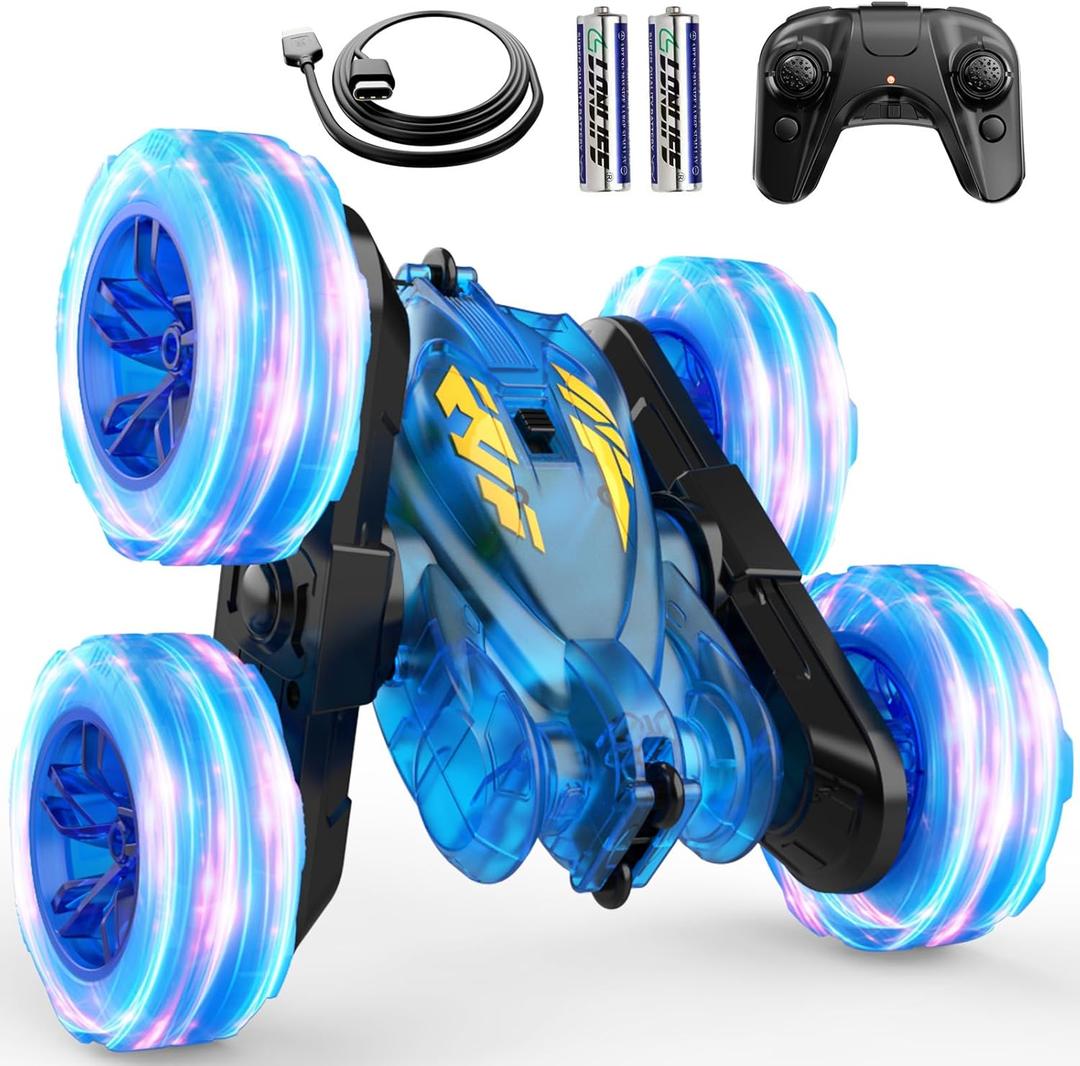 Remote Control Car,Stunt RC Cars For Kids with Colorful Light,Fast USB-C Charging,Double-Sided 360 Rotating Rechargeable 4WD RC Truck Car Toys for Ages 5-7 Gift for Boys Girls Ages 8-12(Blue)