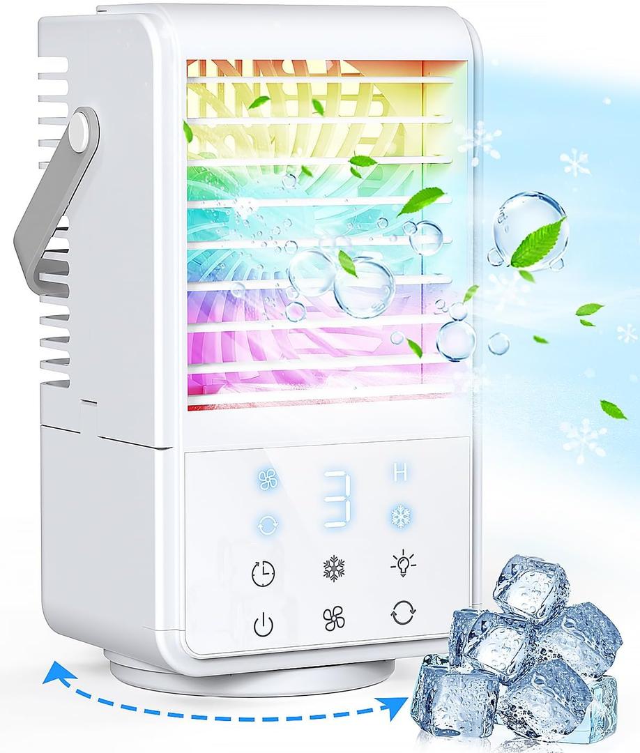 Portable Air Conditioners, 3 Wind Speeds & 2 Spray Modes Evaporative Personal Air Cooler, 9H Timer and 7 Color Night Light Personal Air Conditioner for Room, Car and Office, Oscillating Cooling Fan