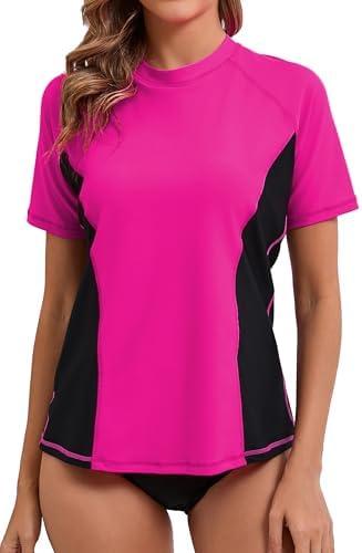 Halcurt Women's Short Sleeve Rash Guard Swimsuit Top with Built in Bra Swim Shirt UPF50+ Quick Dry Bathing Suit Size L