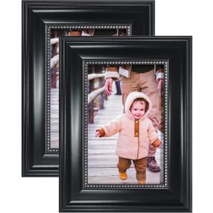 GraduationMall 4x6 Picture Frames, Real Glass, Display Photos for Wall or Tabletop, Black with Silver Beads, 2-Pack