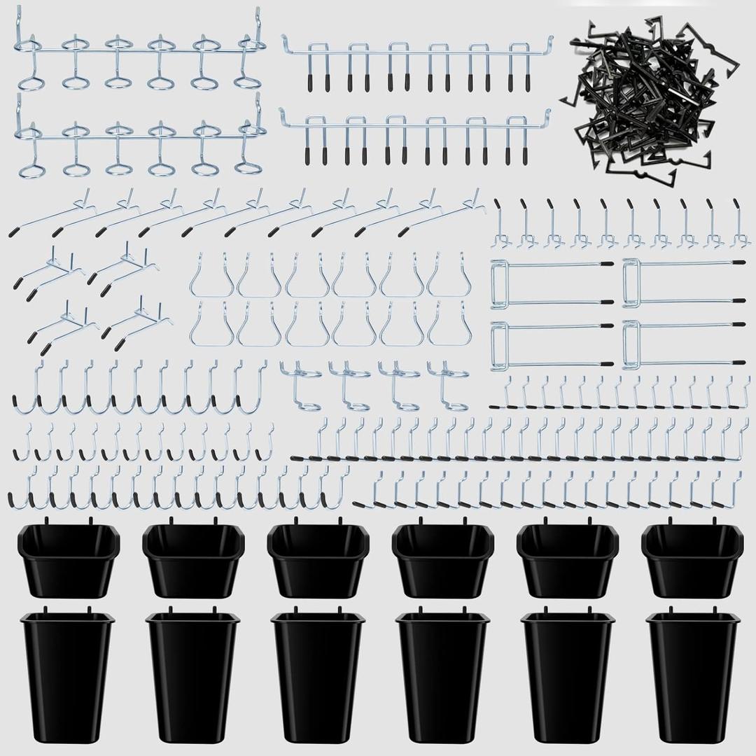 248PCS Pegboard Accessories Organizer Kit,1/8 and 1/4 inch Pegboard Hooks Assortment, Pegboard Bins, Metal Hooks for Hanging Storage (Black Cup)