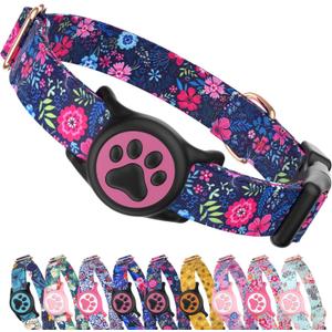 WhoseID Airtag Dog Collar, with Waterproof airtag HolderOriginal Stylish Cute Pattern Design.QR Code ID Buckle Comfortable Soft Cotton for Large Dogs