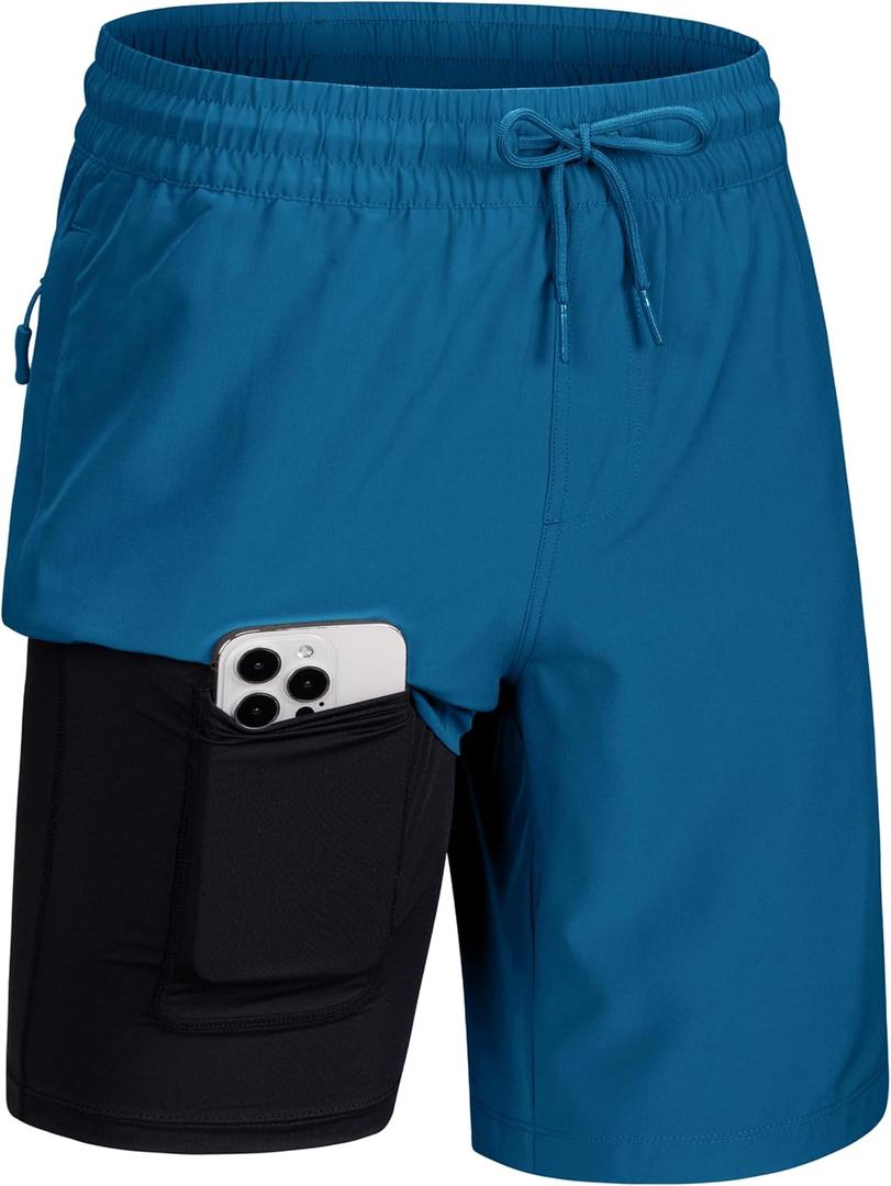 MAGCOMSEN Men's Swim Trunks with Compression Liner 9" Quick Dry Beach Shorts with Zipper Pockets (32, Peacock Blue)