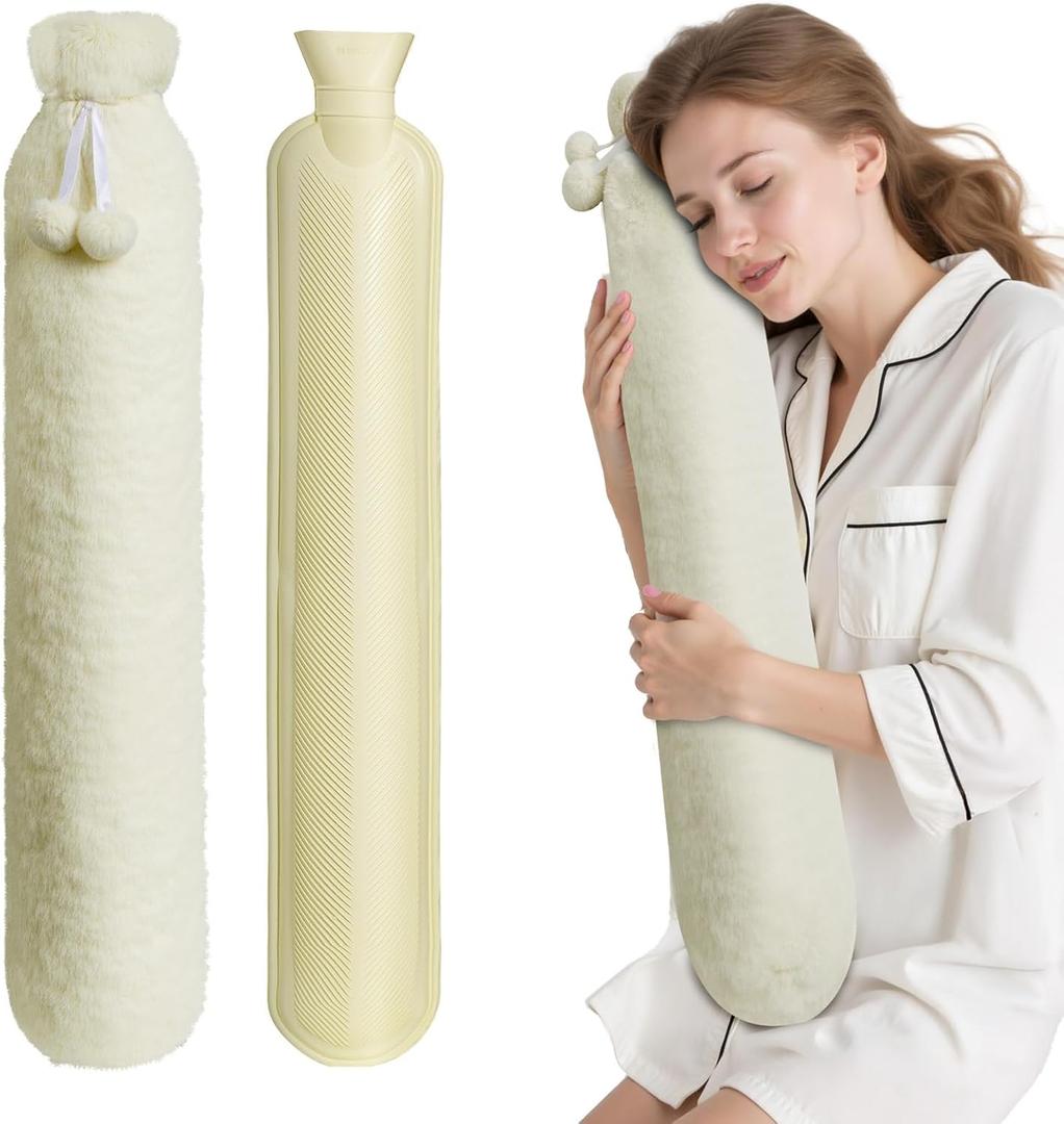 Hot Water Bottle with Cover, 2L Rubber Hot Water Bag with Soft Cover (2 Liter), for Cramps, Compress Pain Relief, Removable Hot Cold Pack (Beige)