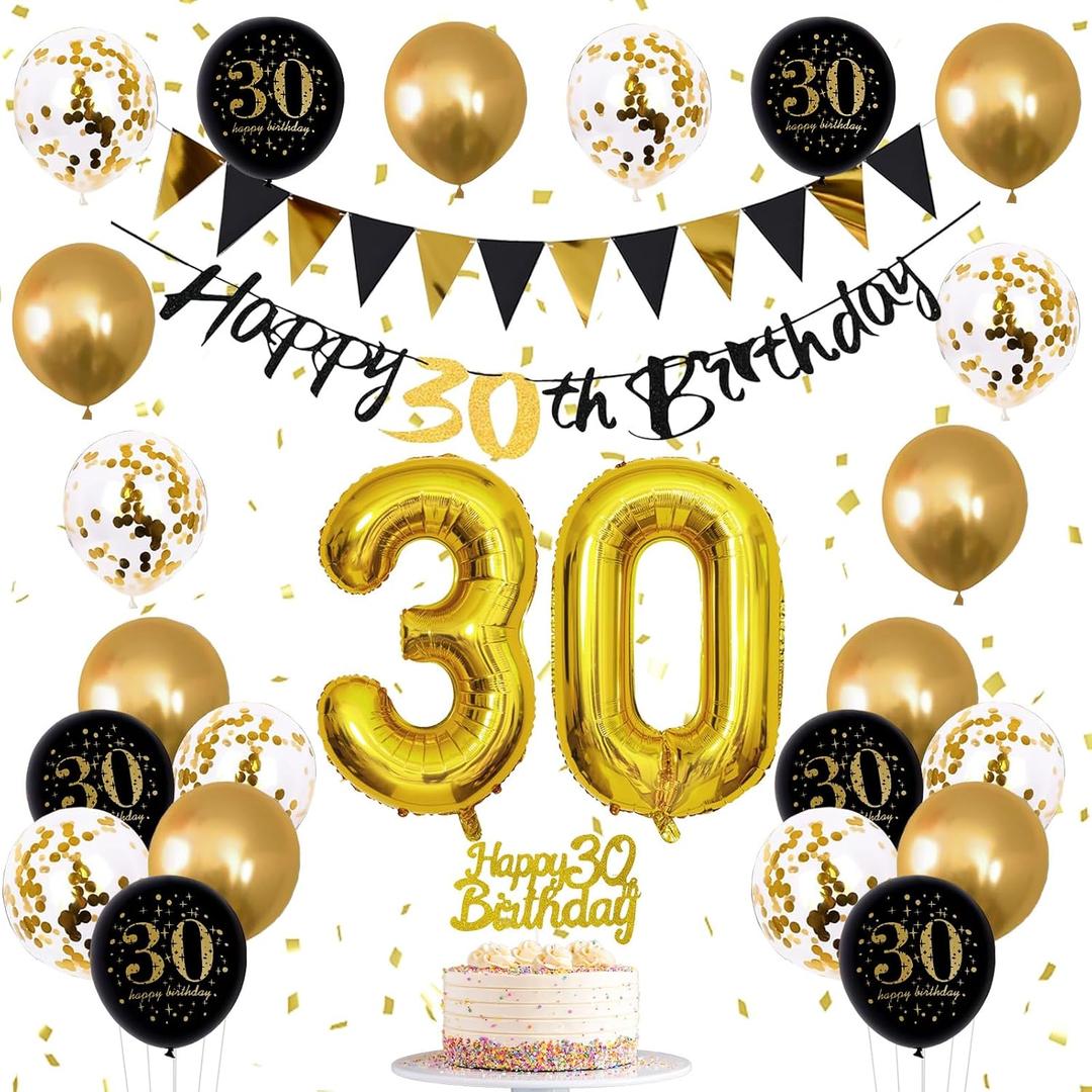 Jobkoo 30th Birthday Decorations for Him, Black Golden 30th Birthday Party Decor Men Women Happy 30th Balloons Black 30th Banner Cake Topper Number 30 Balloon for Thirty Decoration