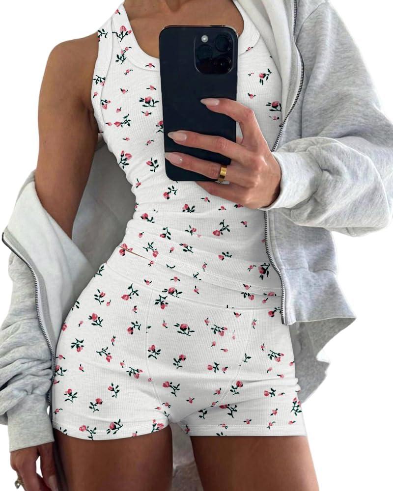CHICME Womens Pajama Sets Casual Sleeveless Tank Top and Shorts Ribbed Knit 2 Piece Lounge Set (Small, Z-floral White)