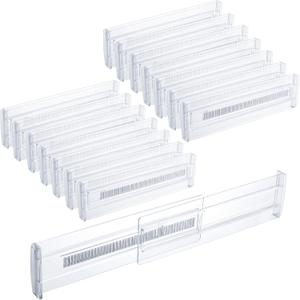 12 Pack Expandable Drawer Dividers Plastic 3.14" High Clear Adjustable Drawer Organizers Separators for Kitchen Utensils, Bedroom, Dresser, Office Organization and Storage