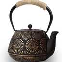 Japanese Tetsubin Cast Iron Teapot, 40oz (1200ml) Enamel-Coated Stovetop Kettle with Stainless Steel Infuser & Heat-Resistant Handle, Traditional Iron Pot for Tea Ceremony (Black Gold), Medium