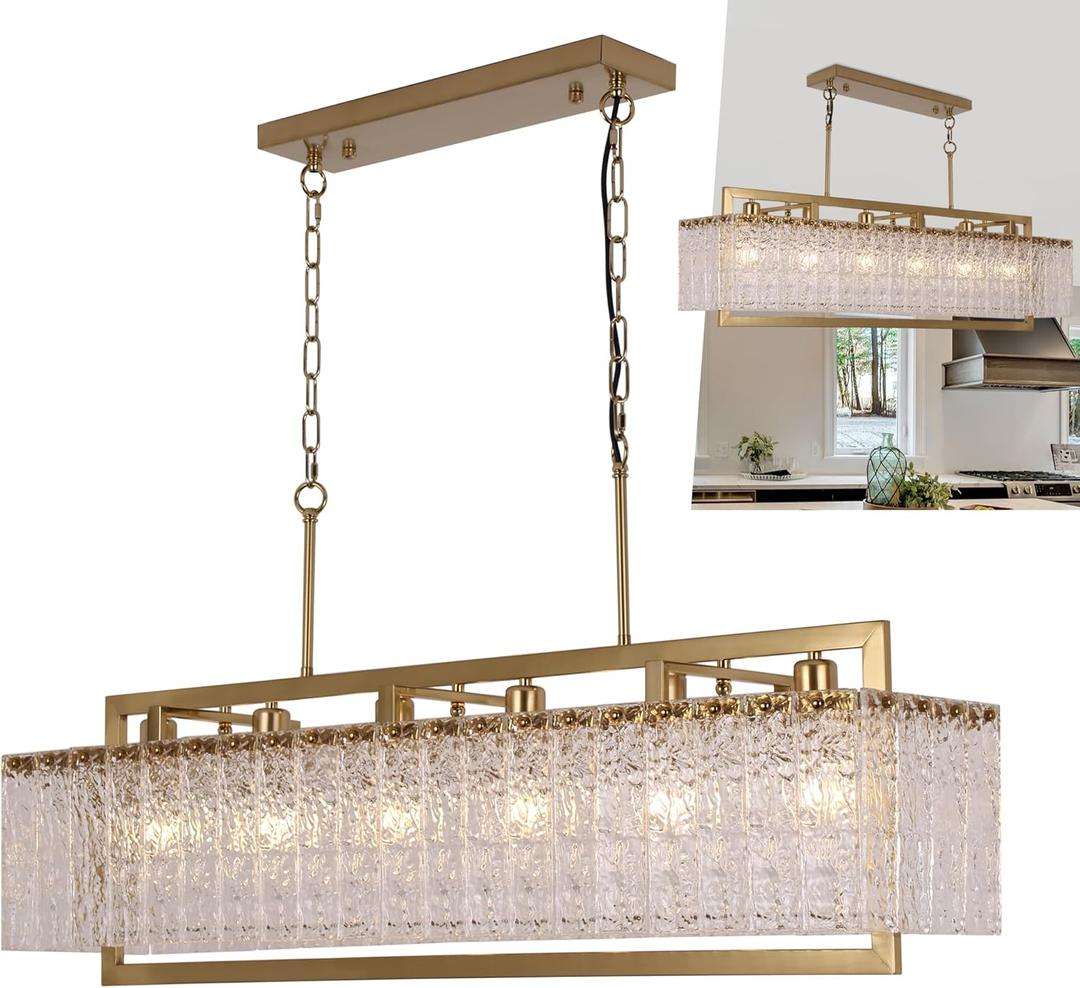 Modern Gold Crystal Chandeliers for Dining Room Light Fixtures Over Table,42in Large Rectangular Water Ripple Glass Pendant Light for Kitchen Island Living Room Flat Inclined Ceiling, L42 x W11 x H19