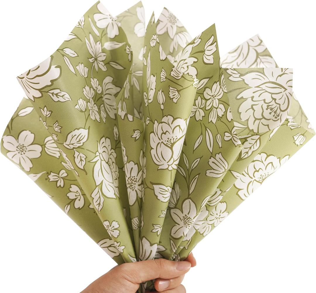 Bobobag 100 sheets Floral Tissue Paper for gift bags,20x14 inch Sage Gift Wrapping Paper for Flower Decoration Packing