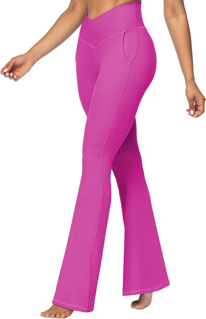 Sunzel Flare Leggings for Women with Pockets, Crossover Yoga Pants with Tummy Control, High Waisted and Wide Leg (XX-Large, Hot Pink) Fit Type: 30" Height: 5'21" - 5'4"