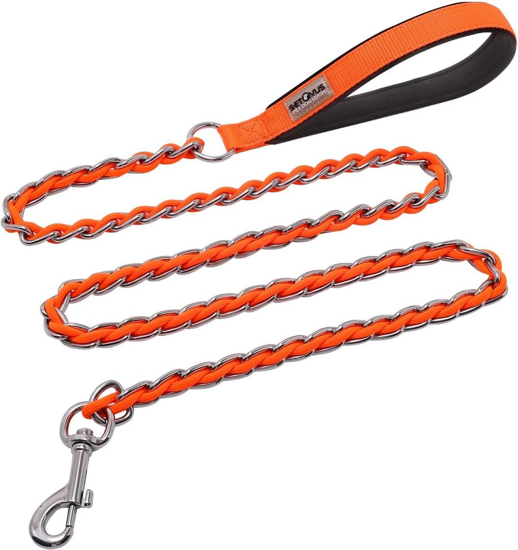 Dog Leash Chew Proof, Chain Leash Anti Chew Dog Leash for Large Dogs Heavy Duty, Indestructible Metal Leash Anti Bite Chain Link with Woven Cord Soft Padded Handle (Orange, 4FT) (4FT(80-150lb))