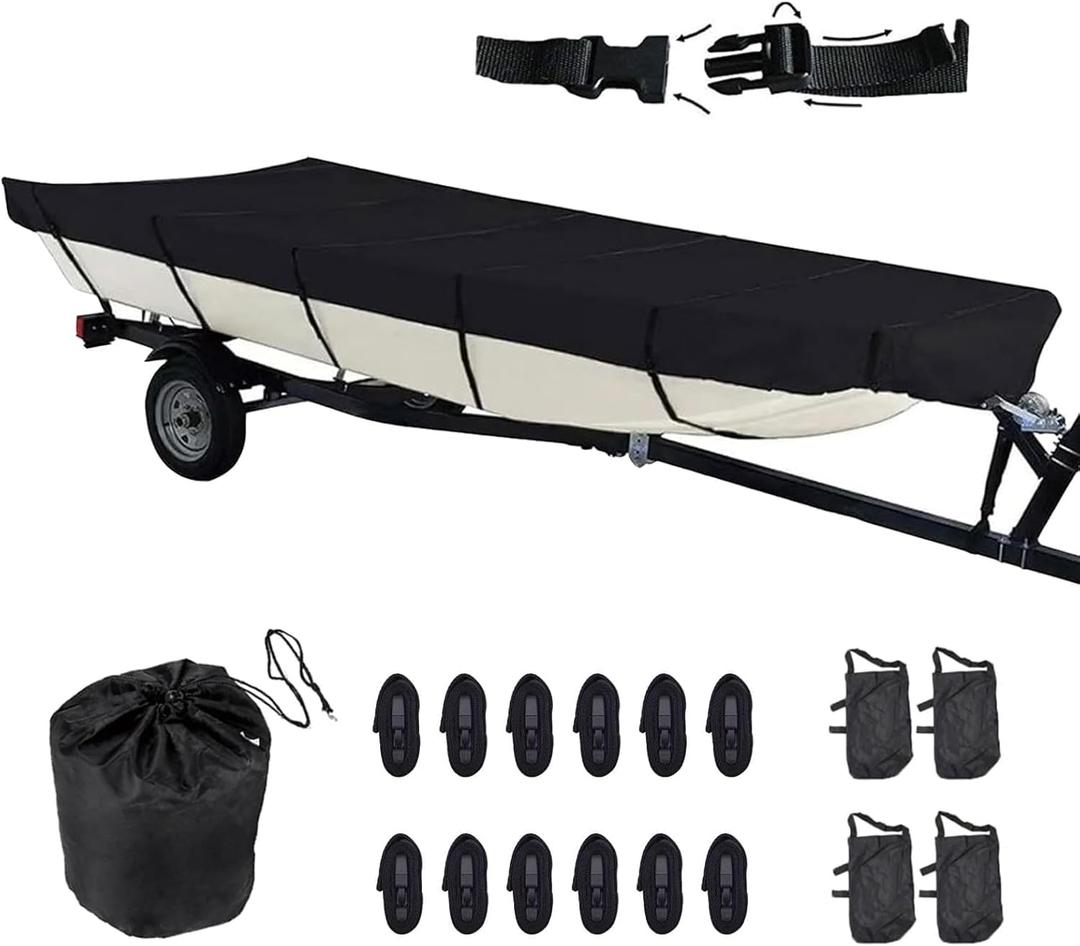 Jon Boat Cover 12ft 420D Waterproof Trailerable Jon Boat Upgraded Version with Additional Fixing Accessories Scratch-Resistant All-Weather Protection (12ft Long,Beam Width up to 56in, Black)