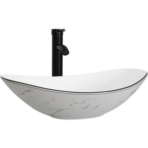 Ceramic Bathroom Sink, White Marble Boat Shape Above Counter Porcelain Vessel Sink with Black Faucet and Pop up drain Set