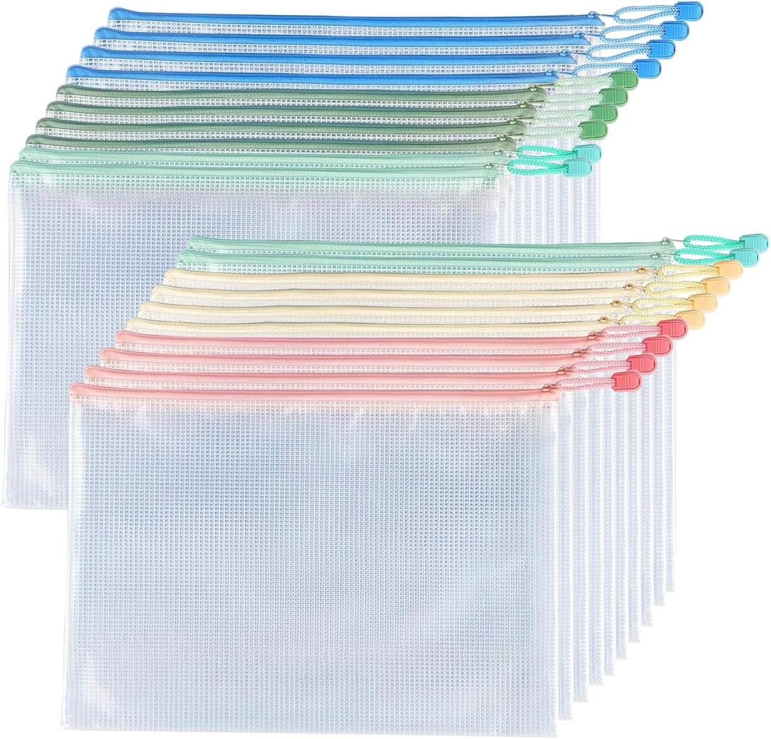 Light Color Plastic Mesh Zipper Pouch 9x13 in (5 Colors, 20 Packs), Waterproof Zipper Pouches, Letter Size A4 Size for School Office Supplies, Toys and Board Game Organizing Storage