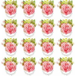 Sherr 24 Pcs Wedding Rose Wrist Corsage Wristlet Band for Bridal Bridesmaid Women Flowers Bracelets Decor Wedding Artificial Flowers for Party Prom Homecoming (Peach Pink)