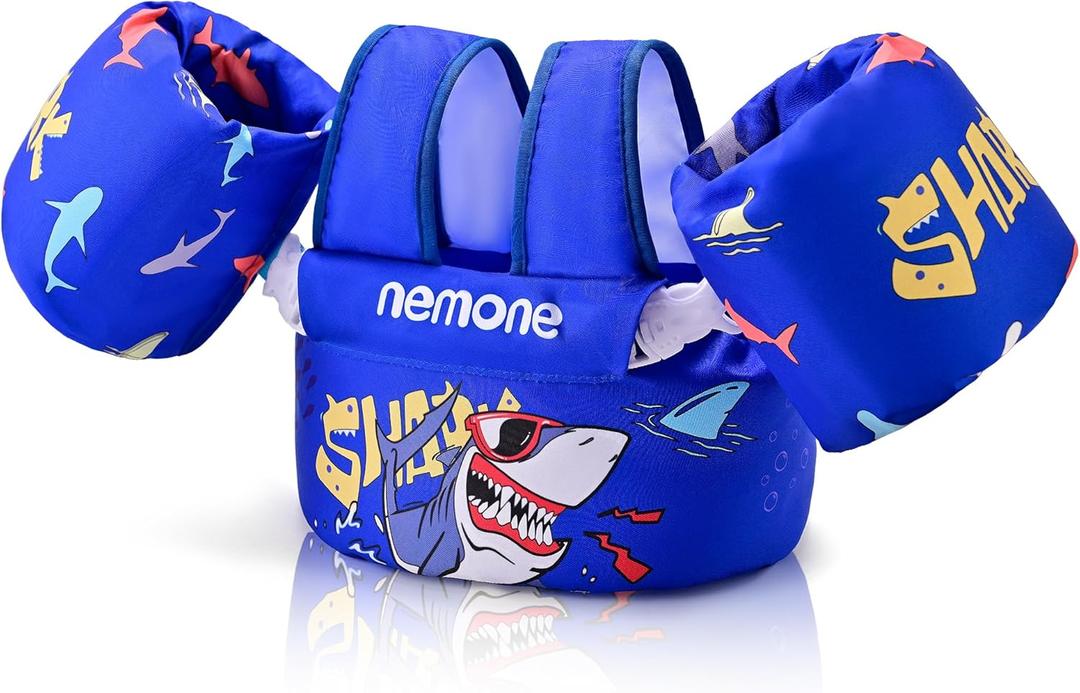 Nemone Toddler Swim Vest for 22-70 lbs Kids Floaties Swim Jacket with Arm Water Wings for Girls Boys 1 2 3 4 5 6 7 Years Old Beach Pool 20 30 40 50 60 66 Pounds Puddle Jumper (Cool Shark)
