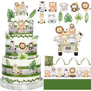 Whaline Woodland Diaper Cake Kit Jungle Safari Diaper Decor with Animals Cutouts Green Leaf Animal Print Ribbon for Baby Shower Gender Reveal Party Supplies