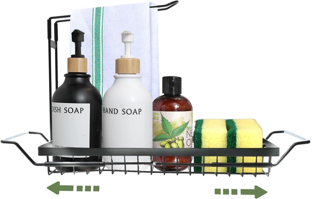 DINEST Expandable Kitchen Sink Caddy Organizer, Stainless Steel Over Sink Sponge, Bottle, Dishcloth, BrushTowel Holder, Rustproof Non-Slip - Small