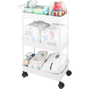 Volnamal Baby Diaper Caddy, Plastic Movable Cart for Newborn Nursery Essentials Diaper Storage Caddy Organizer for Changing Table & Crib, Easy to Assemble, Beige