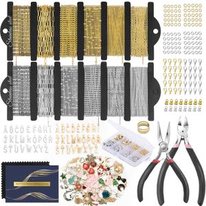 HUISUYTON 18K Gold Necklace Chain Kit for Jewelry Making, 59FT 12Rolls Bracelet Chains with Charms/Pliers/Jump Rings/Lobster Clasps Accessories for DIY Necklace Bracelet Making (18k Gold Plated and Stainless Steel Silver-59Ft+Pendants)