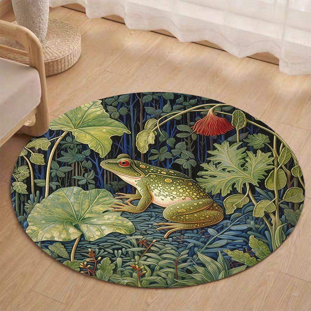 Forest Tree Frog Animals Rug,William Morris Frog Runner 44inches Round Rugs,Washable Non-Slip No Pile Circle Rugs,for Nursery Room,Tie-Dyed Light Grey Rug Teen's Room