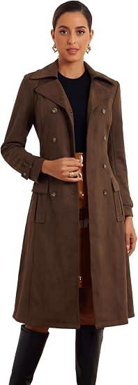 Long Faux Suede Jacket Women Fall Winter Trench Coat with Pockets Belt Double Breasted Pea Coat Overcoat, Dark Coffee XL