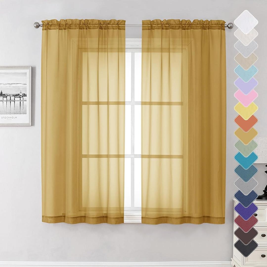 Lecloud Gold Sheer Curtains 63 Inch Length 2 Panels, Airy Light Filtering Voile Curtain Drapes for Bedroom Windows, Dual Rod Pocket Living Room Sheer Curtains Decor, 40 W x 63 L Inches, Gold