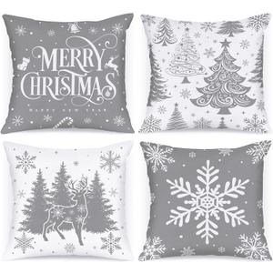 Lanpn 22x22 Grey Christmas Pillow Covers Set of 4, Winter Decorative Pillow Case, Merry Christmas Tree Cushion for Indoor Home Bedroom Sofa Xmas Couch Decor