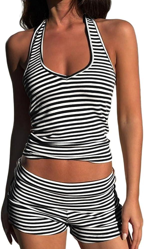 ROAONOCOMO Women Y2k Striped Shorts Set Sleeveless Backless Cami Top Polka Dot Mini Shorts Outfit Fitted 2 Piece Lounge Set (Small, Seven Black)