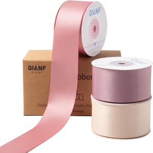 QIANF Dusty Rose Double Face Satin Ribbon 1-1/2 Inch x 45 Yards Champagne Pink/Rose Gold/Mauve Fabric Ribbon for Gift Wrapping, Flower Bouquets, Bows Making, Wedding Decor (3 Rolls *15Yd)