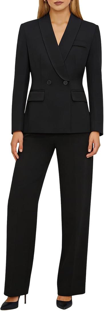 Women Suit 2 Piece Set Pant Suits Business Casual Outfits Double Breasted Blazer with Pants Professional Office Work Sets (Black, L)