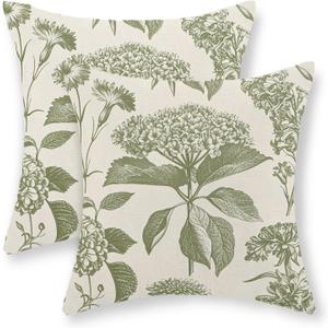 Sage Green Pillow Covers 18x18 Set of 2 Boho Floral Hydrangea Herbs Botanical Throw Pillow Cover Outdoor Decoration Pillow Cases Vintage Flower Linen Cushion Case Decorative for Couch Sofa