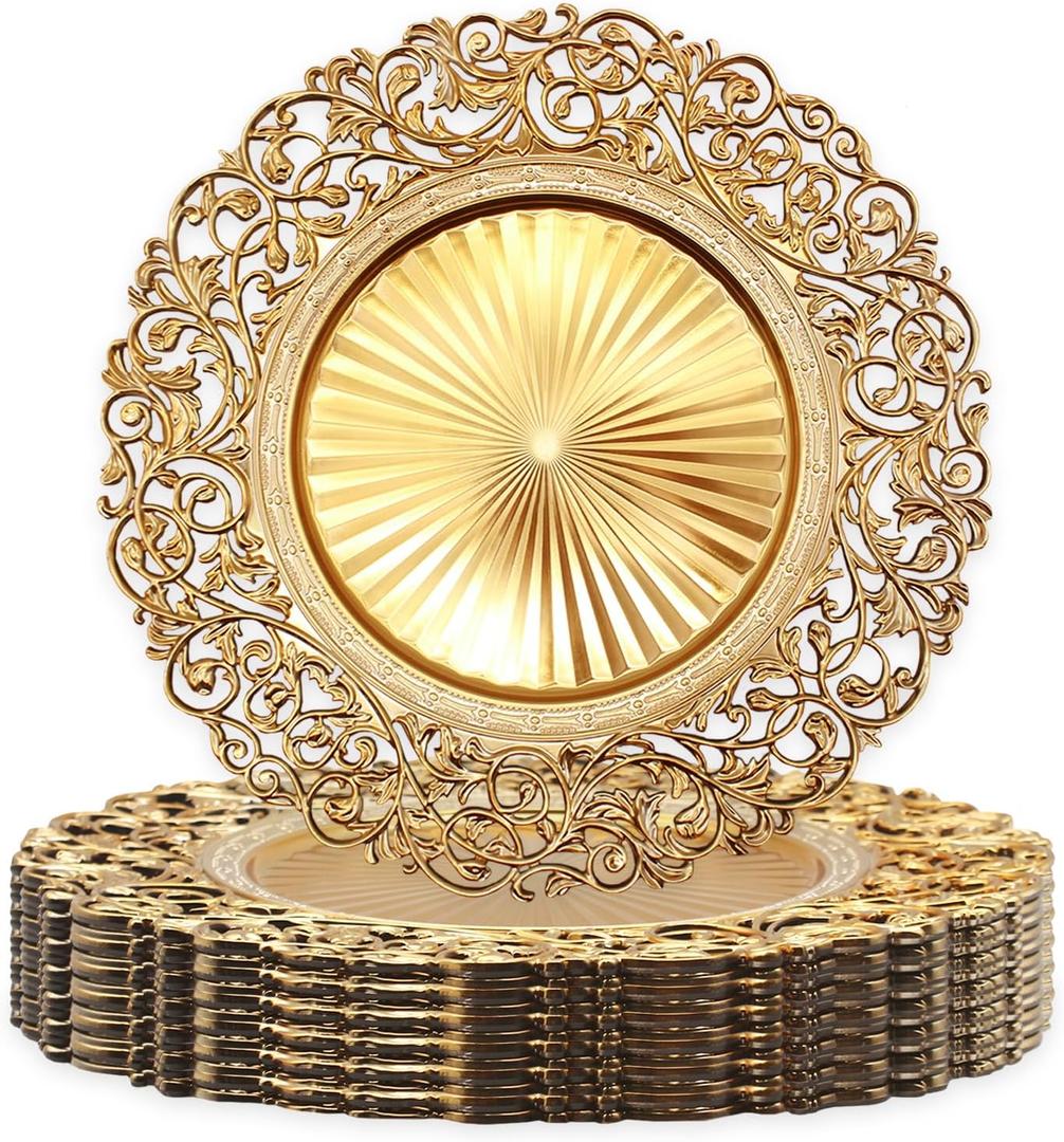13 Inch Gold Plastic Charger Plates Set 12 Pack, Elegant Round Disc Chargers for Table Setting, Decorative Placemats for Regular Dinner Plates, Holidays, Events, and Entertaining (Design B)