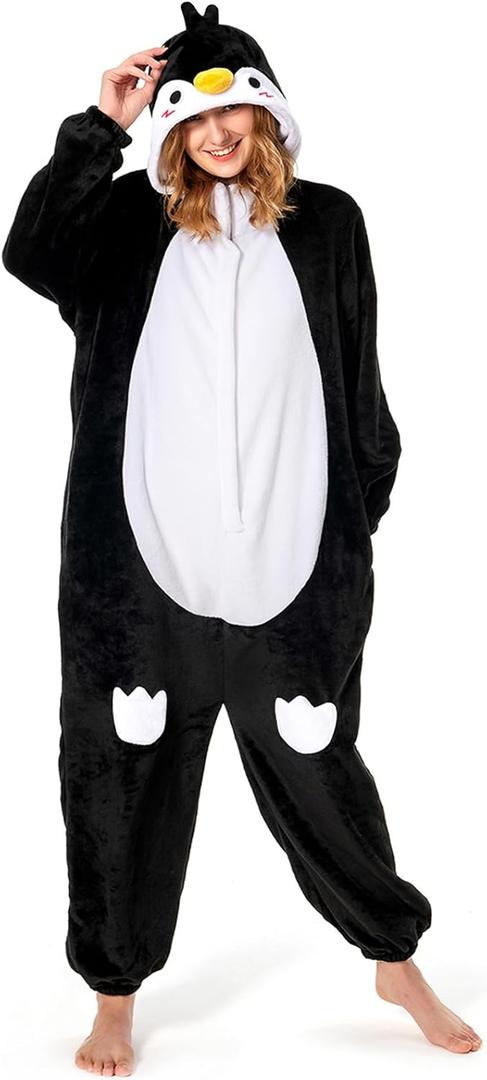 OLAOLA Adult Onesie, Animal Halloween Costume, Unisex Onesies Plush Cosplay Pajamas One-Piece Sleepwear (Large, Penguin)