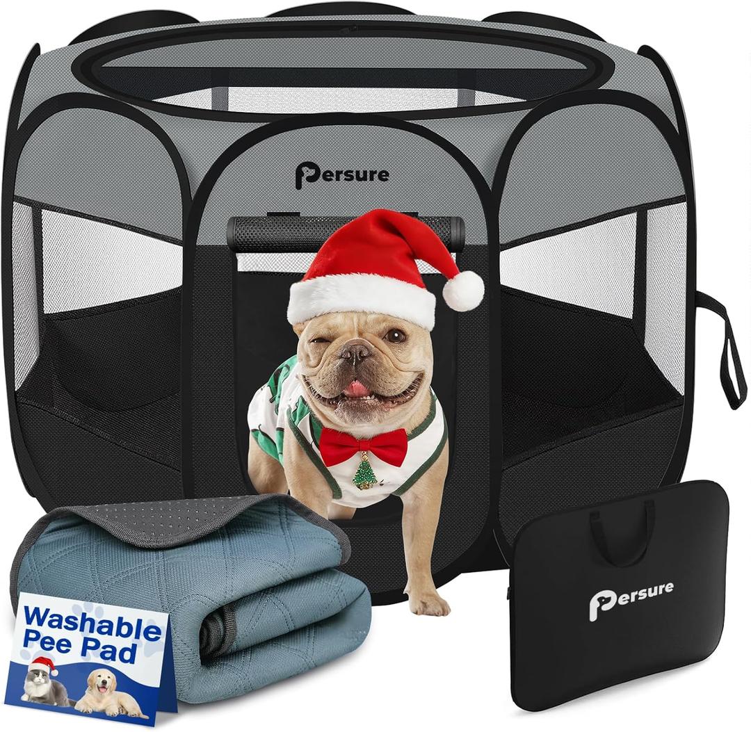 Dog Cat Playpen Indoor Outdoor for Puppy Pet Dogs Cat Recovery After Surgery, Dog Tent Crates Cage Indoor/Outdoor, Portable Pop Up Dog Kennel with Carrying Case for Travel (Dark Grey, Small with Pad)