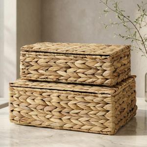 Decorative Storage Boxes with Lids - Set of 2 Beautiful Wicker Organizer Bins for Your Shelves & Home Decor - Safely Store Your Photos, Documents, and Memory Box Keepsakes in a Stylish Rattan Design