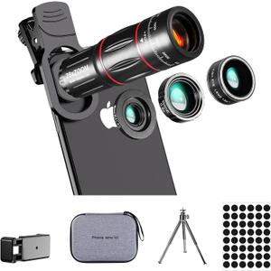 Phone Camera Lens Kit Upgraded Version Telephoto 28X Wide Angle 0.6X Macro 20X Fisheye 198 for Most Smartphones (Black)
