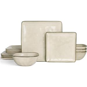 Famiware Dinnerware Sets for 4, Ocean Square 12-Piece Kitchen Plates and Bowls Sets, Microwave and Dishwasher Safe, Scratch Resistant, Light khaki