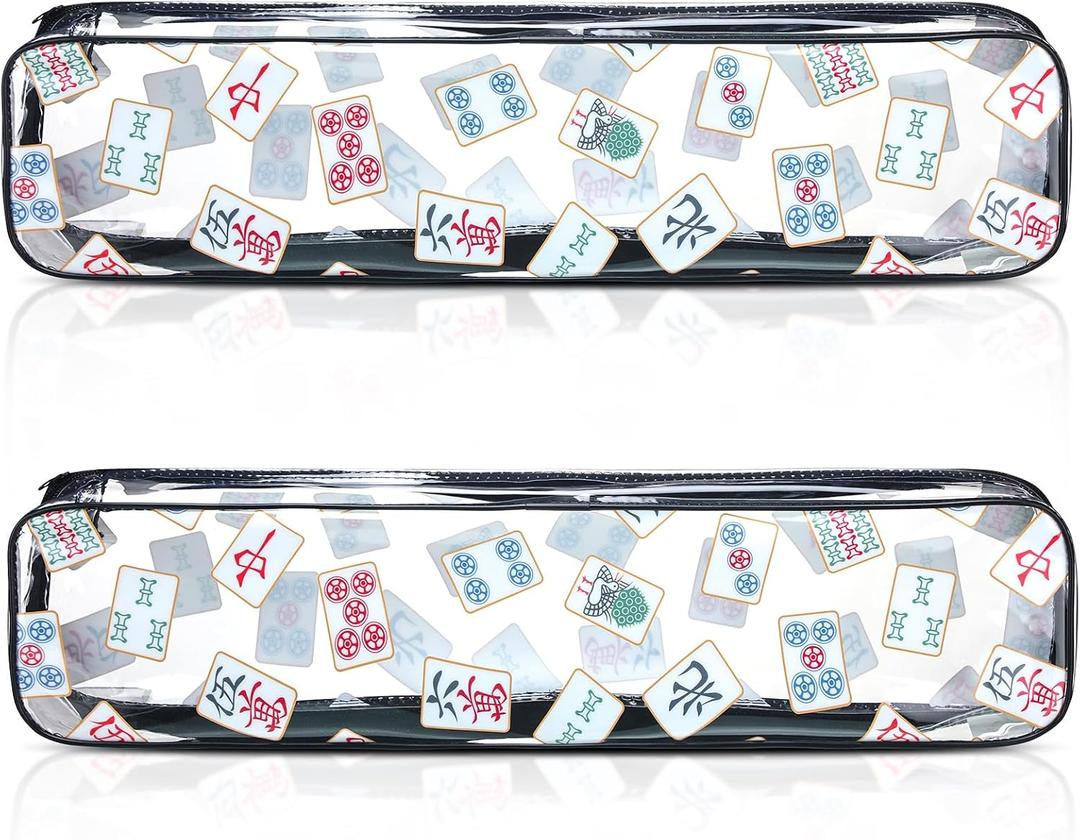 2 Pcs Mahjong Tile Bag Mahjong Racks for Tiles and Pushers Waterproof Tile Zippered Case PVC Clear Mah Jong Gifts, Empty Bag Only, 20 x 4.5 x 2.5(Classic Style)