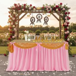 Windkream 5 Pcs Fairytale Themed Party Table Cover Pink and Gold Sequin Tulle Table Skirt 30 x 108 Inch Century Slumber Fantasy Cloth for Birthday Party Decor Supplies