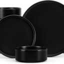 E-far Black Dinnerware Sets for 6, 18-Piece Stoneware Plates and Bowls Dish Set, Modern Kitchen Dinning Dishware, Chip and Scratch Resistant, Microwave & Dishwasher Safe, Matte Black