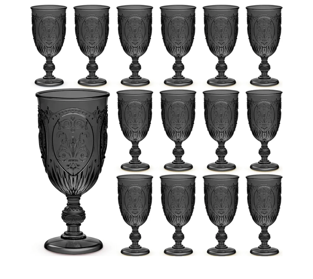 24 Pcs Plastic Goblets 7.5oz Vintage Goblet Plastic Wine Glasses Colored Retro Embossed Water Goblets for Wine Bar Juice Baby Shower Wedding Reception Grand Event Party (Black)