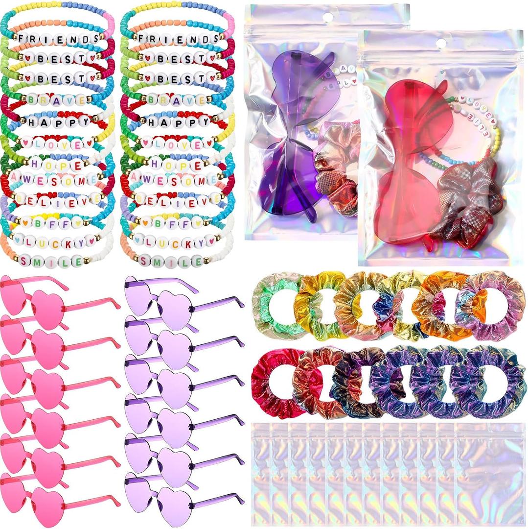 60 Pcs Kpop Party Favors Bulk Popular Singer Party Favors Friendship Gifts 12 Set Bracelets Sunglasses Hair Scrunchies Goodie Bag Stuffers for Graduation Birthday 80s Y2k Kpop Disco Fans
